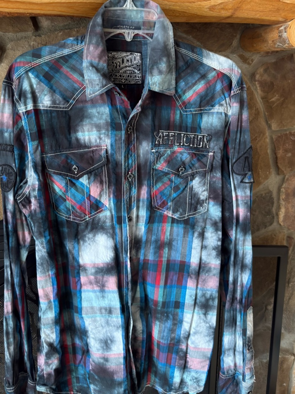Affliction Plaid Shirt in Blue, Black & Red